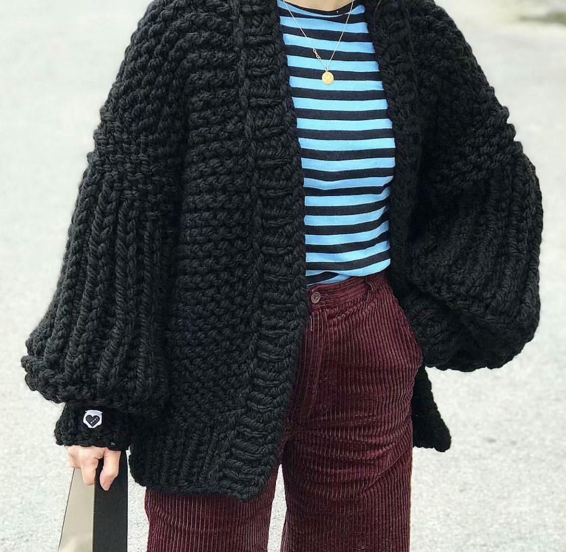 Loose Long Bishop Sleeves Women Hand Knit Chunky Sweater S3045