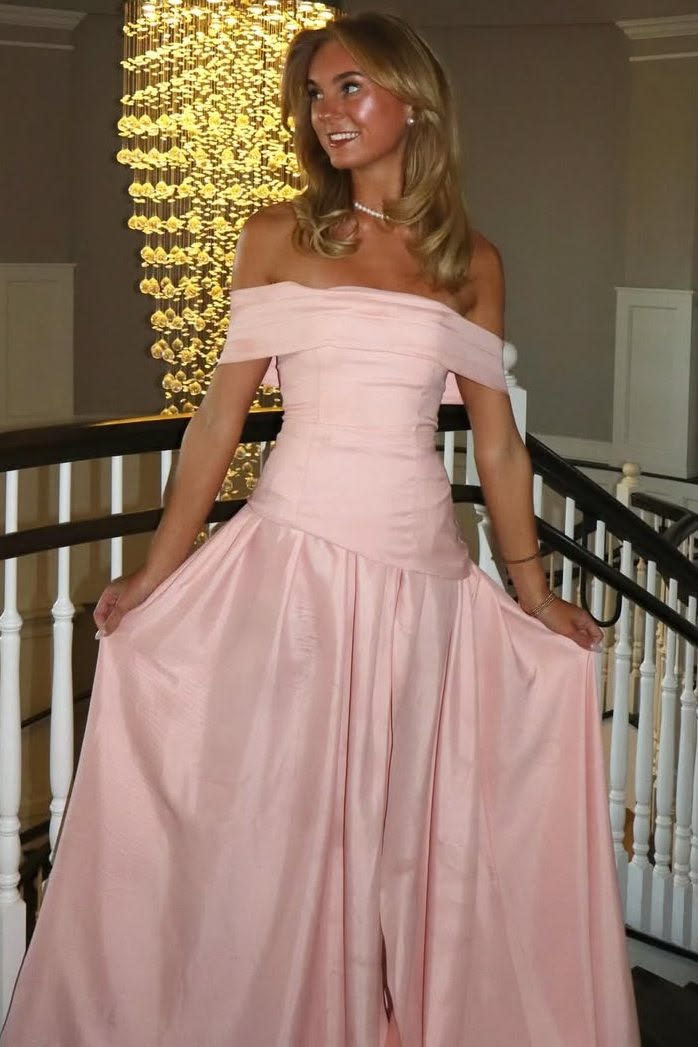 Cute Pink Satin Long Evening Dress Off-shoulder Sheath Prom Dress RS001