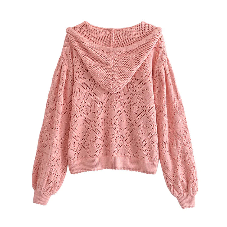 Hollow out design short Pink Knitted Hooded Sweater S2519