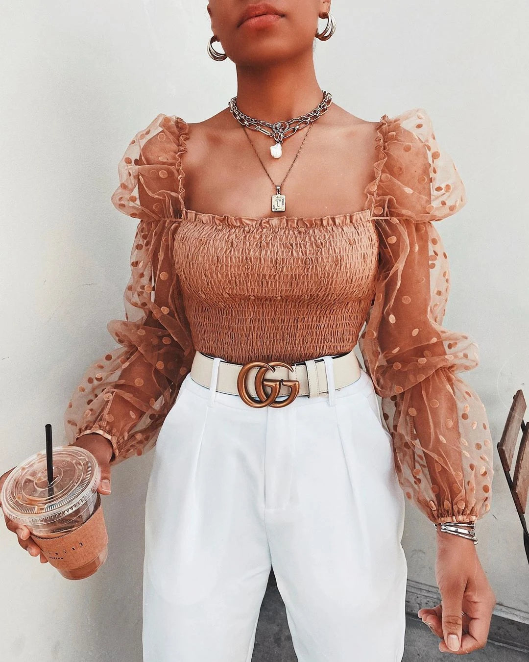 Women Mesh Sheer Blouse Chiffon See-through Long Sleeve Top Shirt Blouse Fashion Organza Shirt S2506