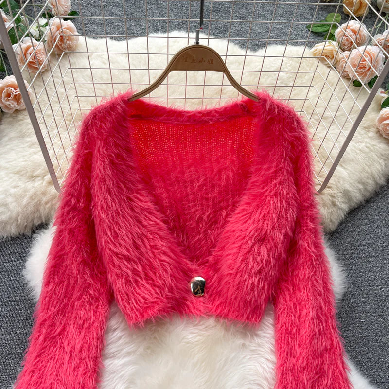 Short Mohair cardigan women's Plush sweater coat S2543