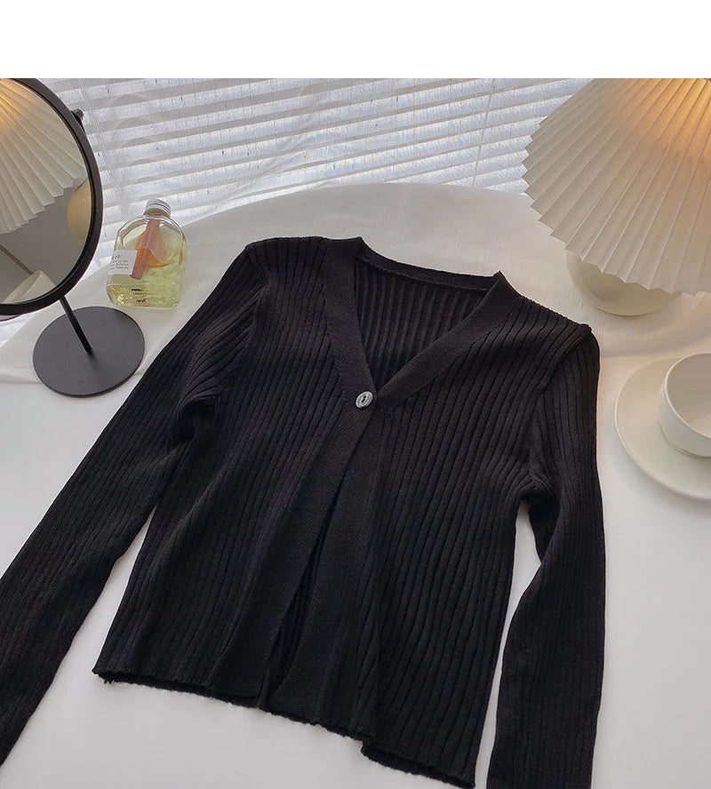Candy V-neck one button cardigan versatile long sleeve short top S2528