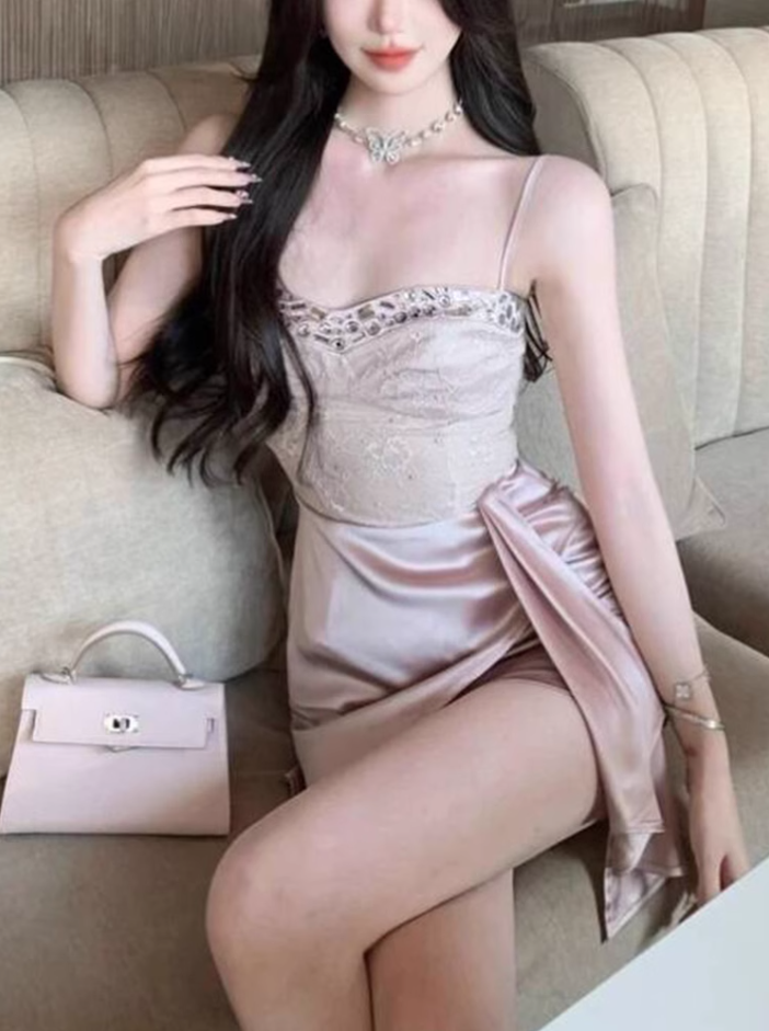 Thousand gold feeling lace suspender dress 2025 pure desire style hip-wrapped ribbon skirt R1261