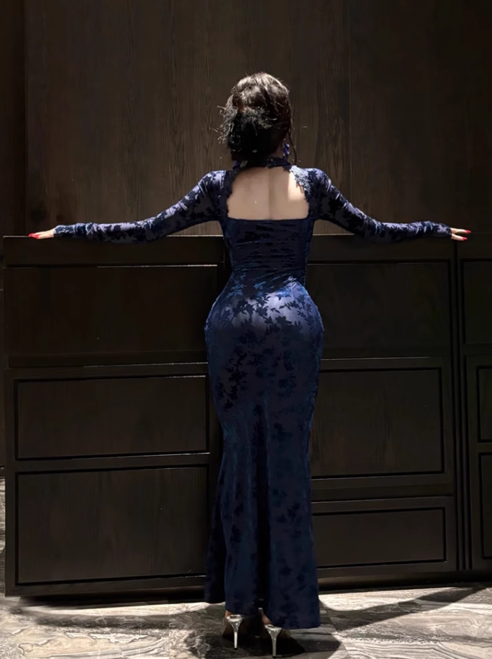 New Chinese style lace hollow dress 2025 hot girl waist hip fishtail long skirt R1362