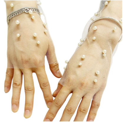 Wedding Long Tulle Pearl Bridal Gloves Lace Opera Evening Transparent Gloves S6229
