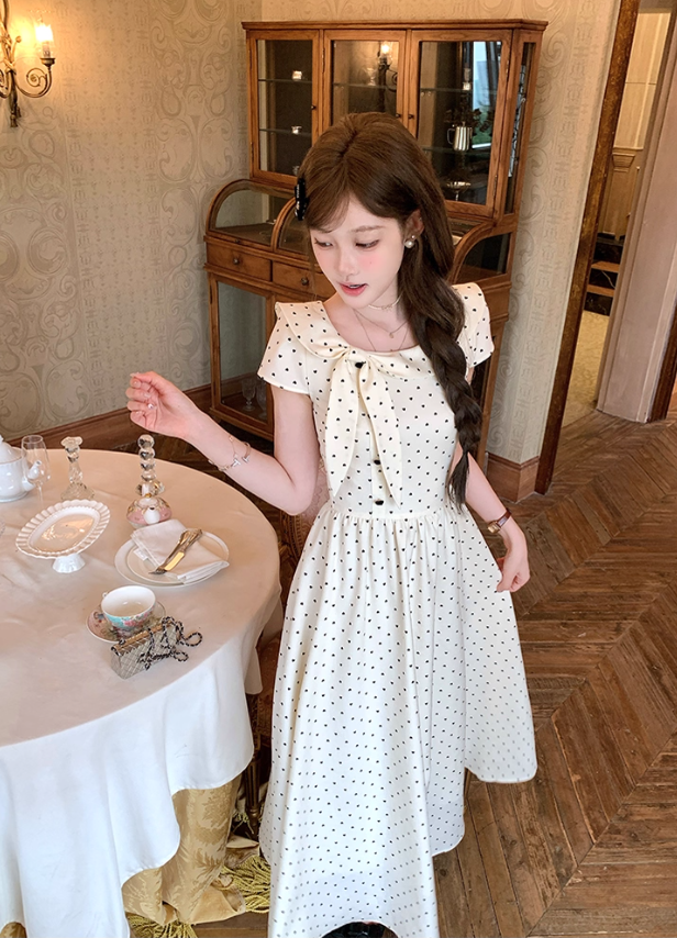 Long waist polka dot short-sleeved dress for women summer French retro temperament skirt R4626