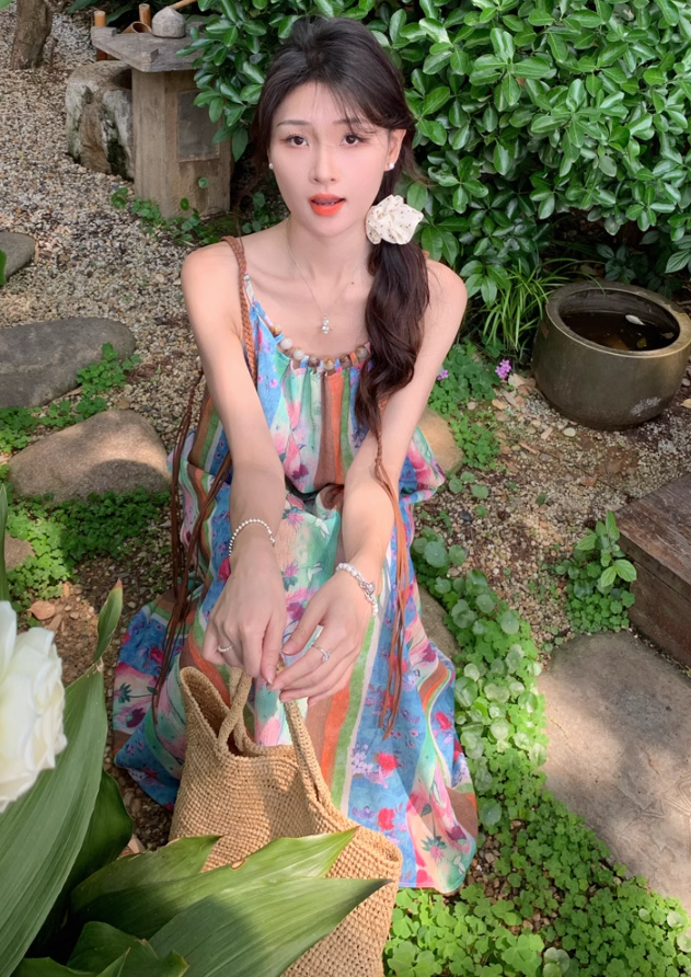 Retro oil painting style flower suspender dress holiday style tassel blouse slim long skirt suit R0204