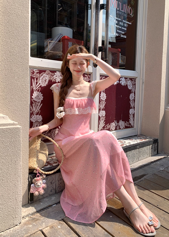 Pink Summer Romantic Lace Floral Suspender Dress Women's Summer French Dress R4822