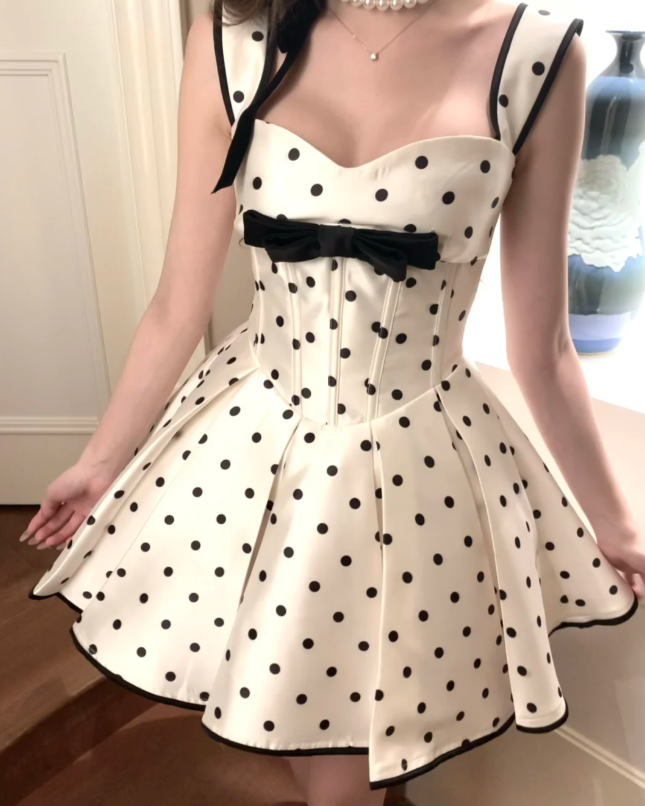 White polka dot suspenders waist slimming A-line pleated skirt short skirt homecoming dress R4156