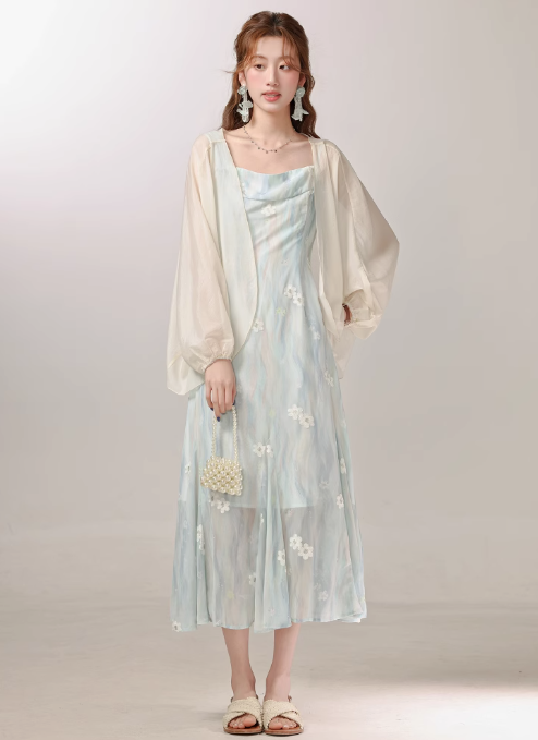 French beautiful apricot thin sunscreen shirt with suspender skirt top jacket R1920