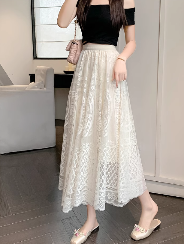 Retro high waist heavy lace hollow flower large swing A-line skirt versatile temperament long skirt R0207