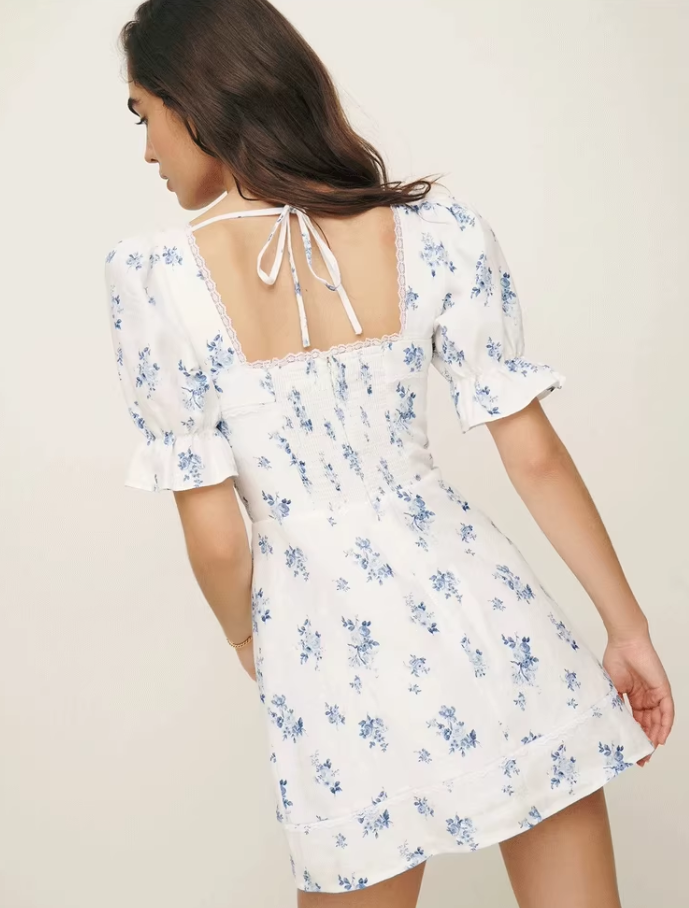 French floral square neck lace small lace retro bow dress R2917