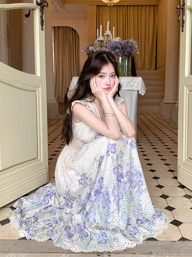 V-neck small flying sleeves printed hollow waist dress women's summer French temperament skirt R4618