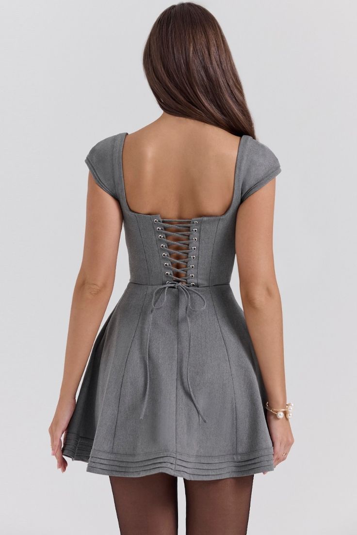 Blue-gray suspender low-cut sexy slim A-line skirt homecoming dress R2508