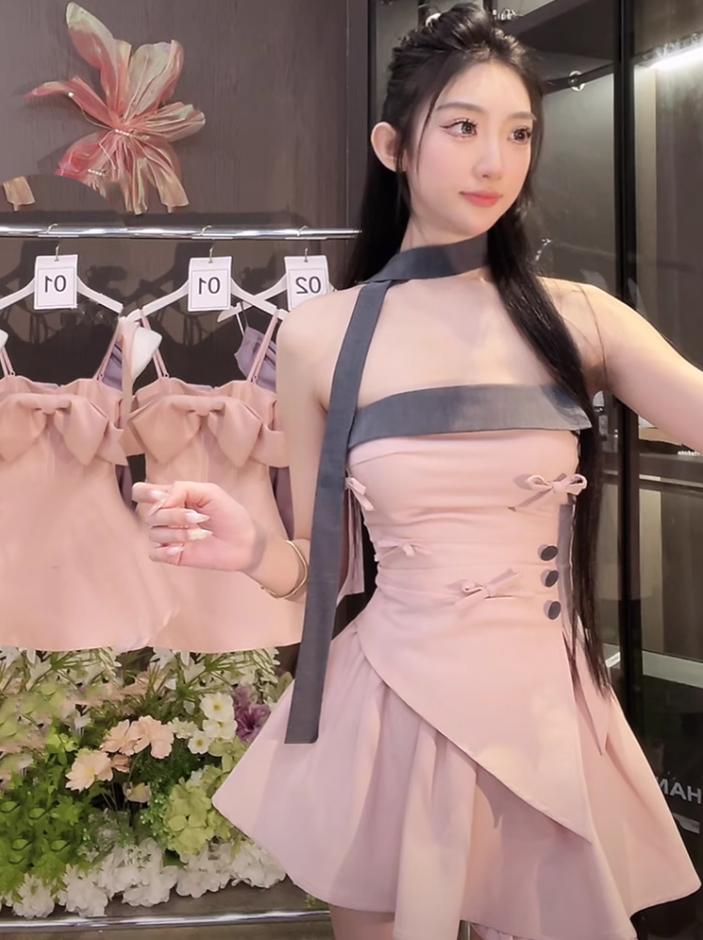 Sweet and spicy irregular tube top 2025 pure desire a-line skirt suit R1040