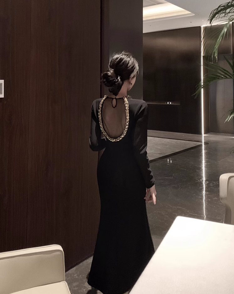 Hepburn style French black annual meeting dress high-end niche heavy backless dress R1815