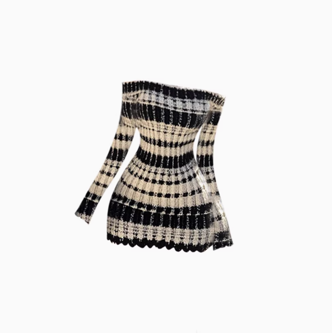 Small Chanel style one shoulder long sleeve dress 2025 pure desire waist hip short skirt R1259