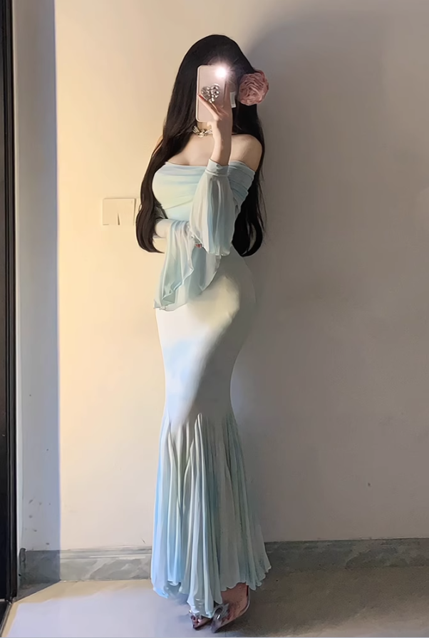 Large size French pure desire one-shoulder long-sleeved dress super fairy hip skirt R1860