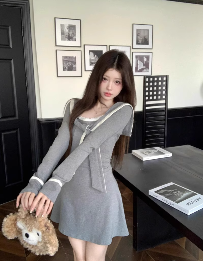 Sweet and spicy navy collar long-sleeved dress 2025 pure desire waist A-line short skirt R1094