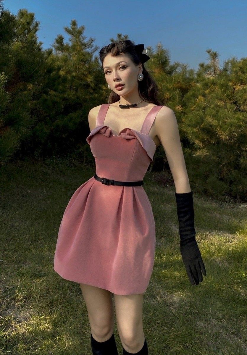 Pink suspender waist retro flower bud skirt short skirt homecoming dress R3654