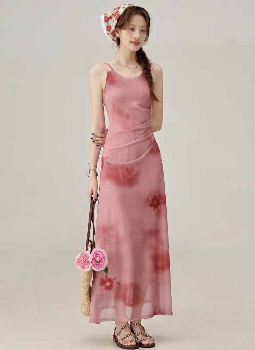 French tea break red print suspender dress summer seaside holiday dress R1906