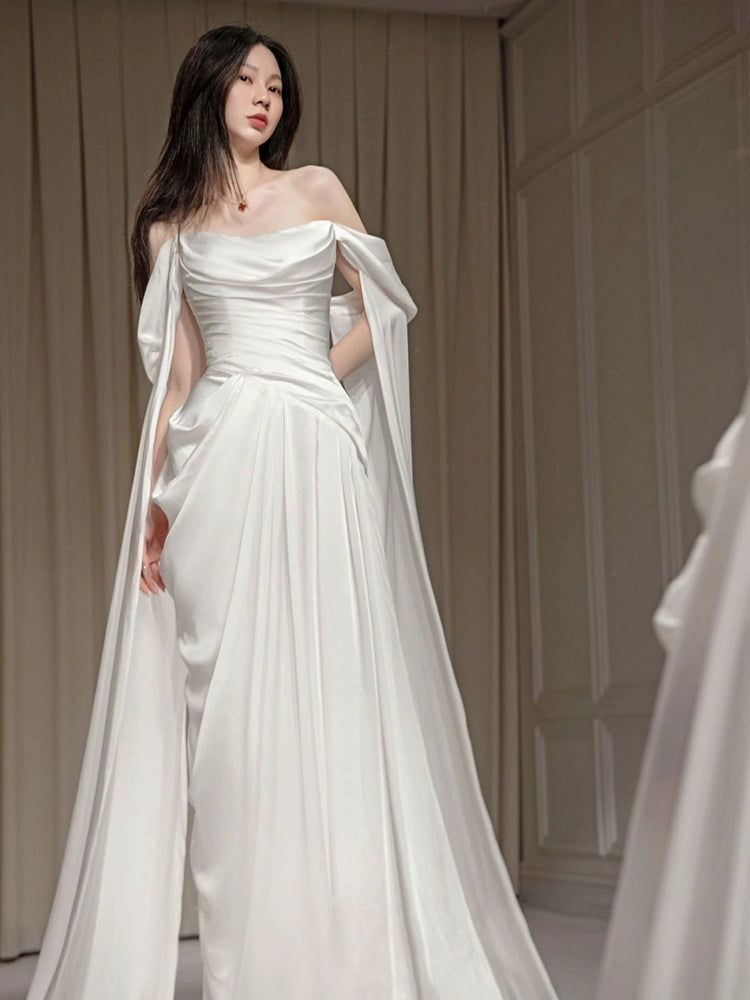 White long evening gown off shoulder birthday party dress S6833