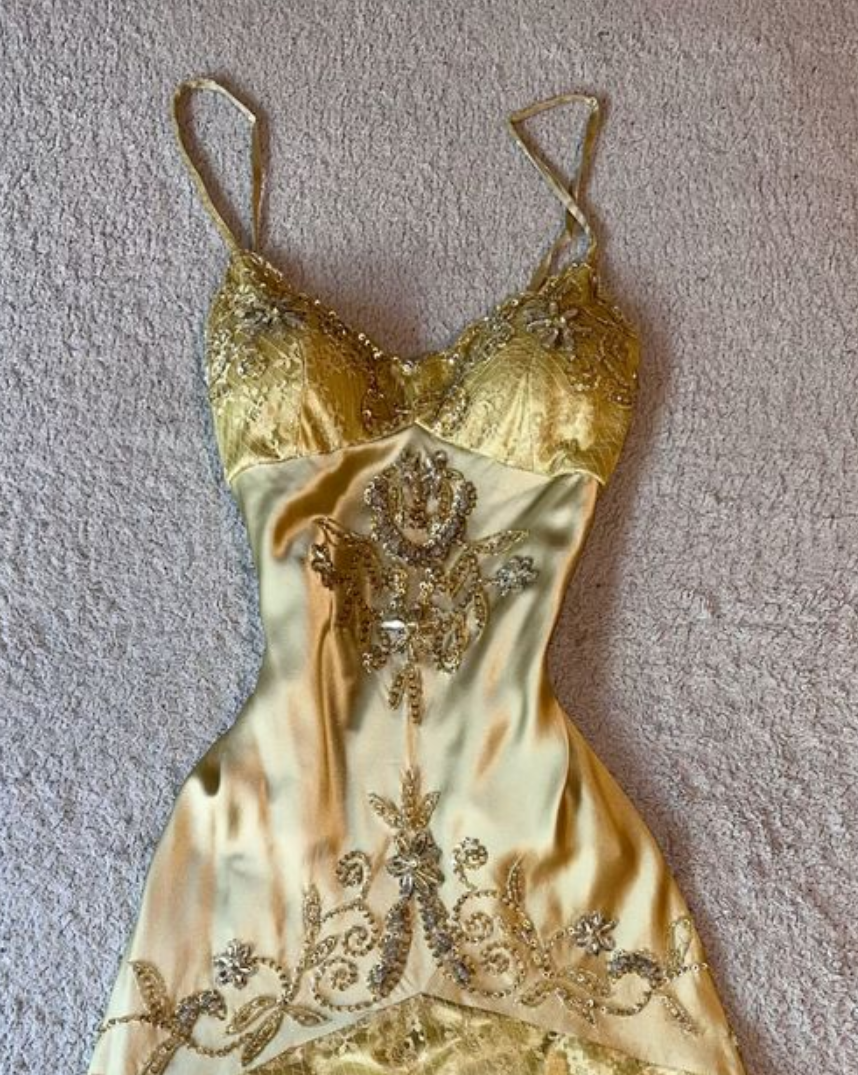 Gold Charming Suspender Waist Pattern Design Irregular Skirt Long Dress Prom Dress Homecoming Dress R2960