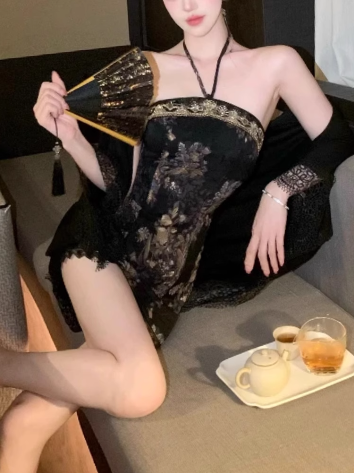 Retro New Chinese Style Floral Halter Neck Dress 2025 Lace Cardigan Set R1390