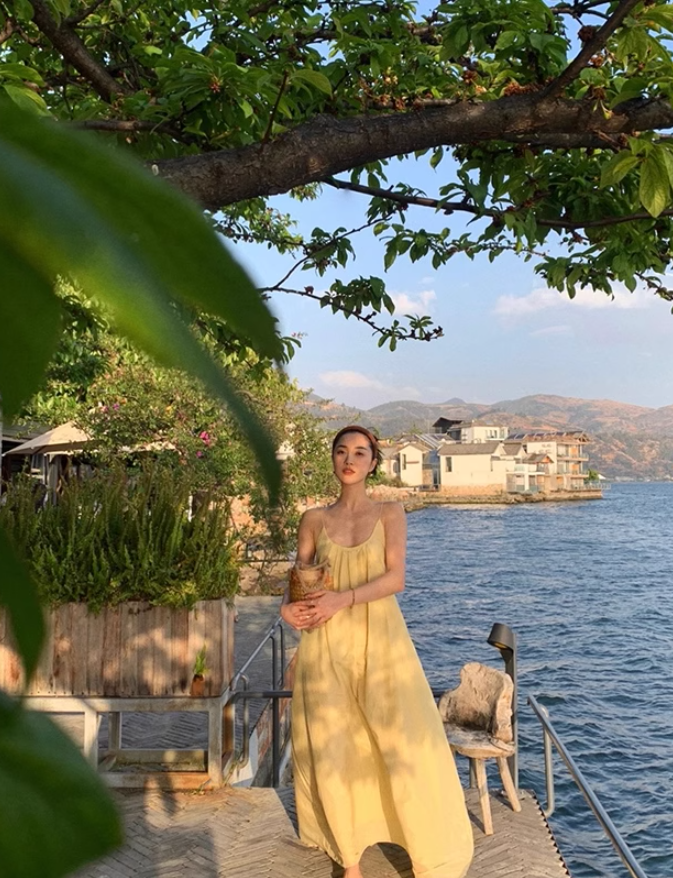 Yellow suspender dress loose lazy style backless sexy beach dress holiday long dress R1587