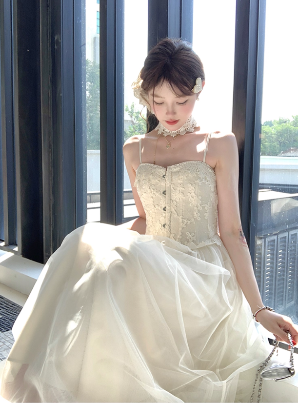 Long Apricot Lace Corset Fishbone French Suspender Skirt Summer Dress R4944