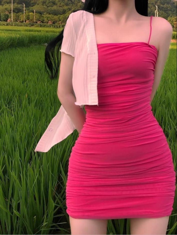 Pink suspenders tight waist pleated hip skirt homecoming dress R3172