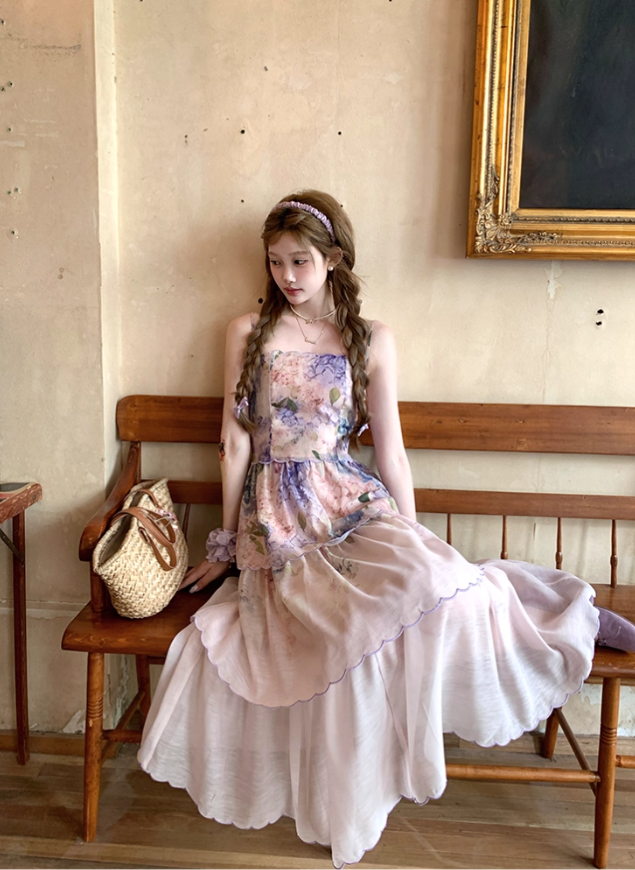 Long purple waist-length neckline suspender dress summer French retro temperament slim skirt R4780