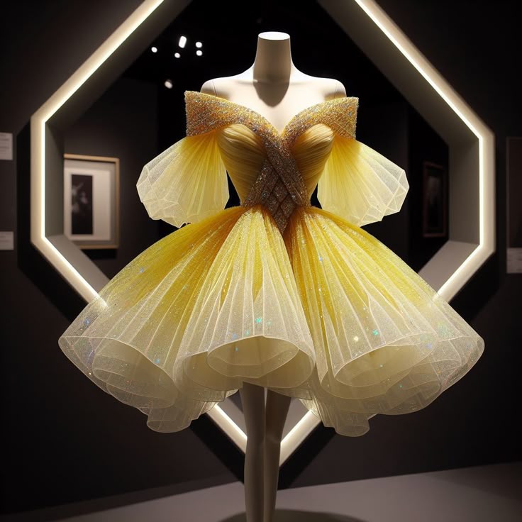 Yellow gradient puff sleeve waist elegant princess tutu skirt homecoming dress R4095