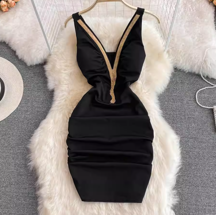 Fashionable slim fit sexy V-neck low-cut slit irregular sleeveless slim fit short hip dress R0369