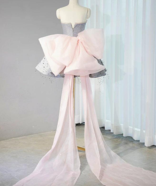 Gray tube top slim waist large swing skirt puffy skirt homecoming dress R4162