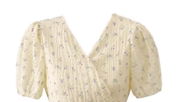 Tea break floral sweet puff sleeve dress female summer V-neck short skirt one-piece wrap dress R0118