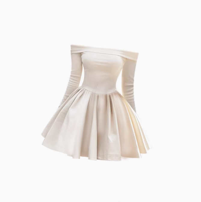 Gentle style one-shoulder long-sleeved dress 2025 temperament waist A-line puffy skirt R1299