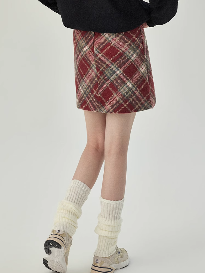 Red plaid a-line skirt 2025 new style hip skirt small slim short skirt R2369