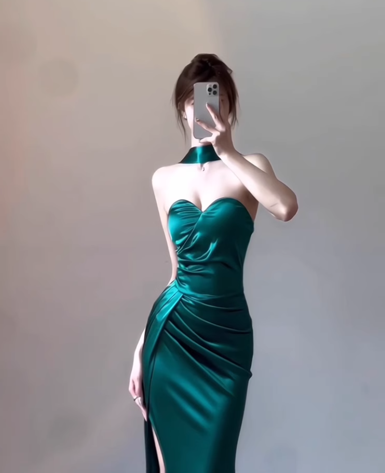 Birthday dress high-end evening dress high-end niche satin tube top halter neck dress R1765