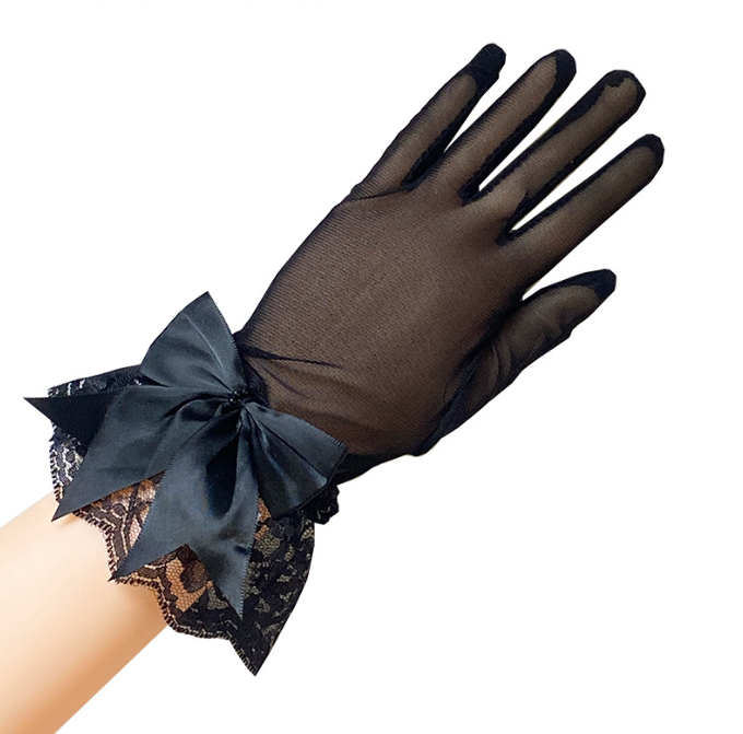 Breathable mesh gloves lace bow Hepburn style etiquette black French retro dress S6267