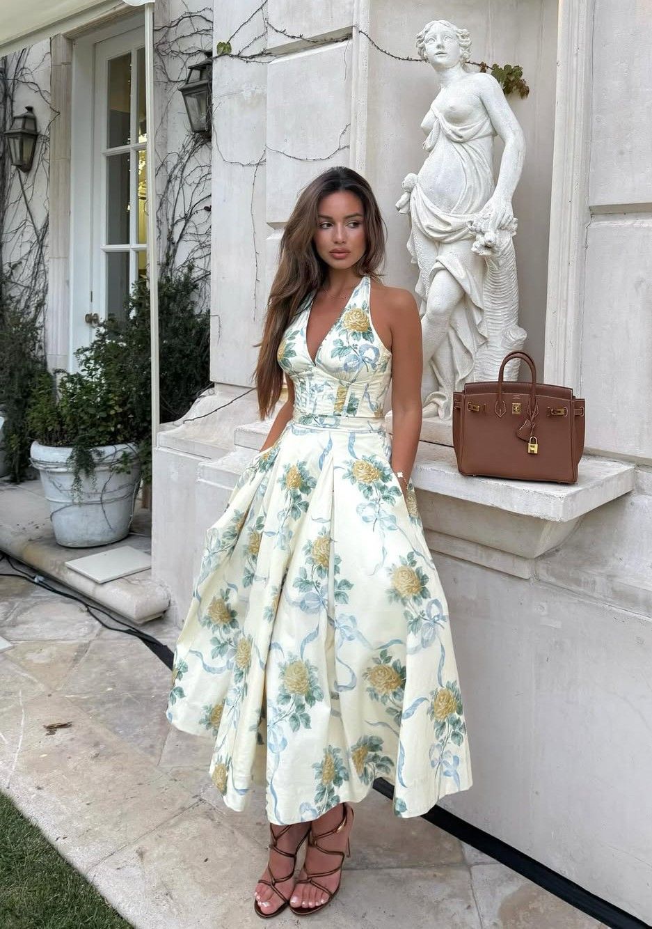 Light green floral halter neck slim waist long dress homecoming dress R3693