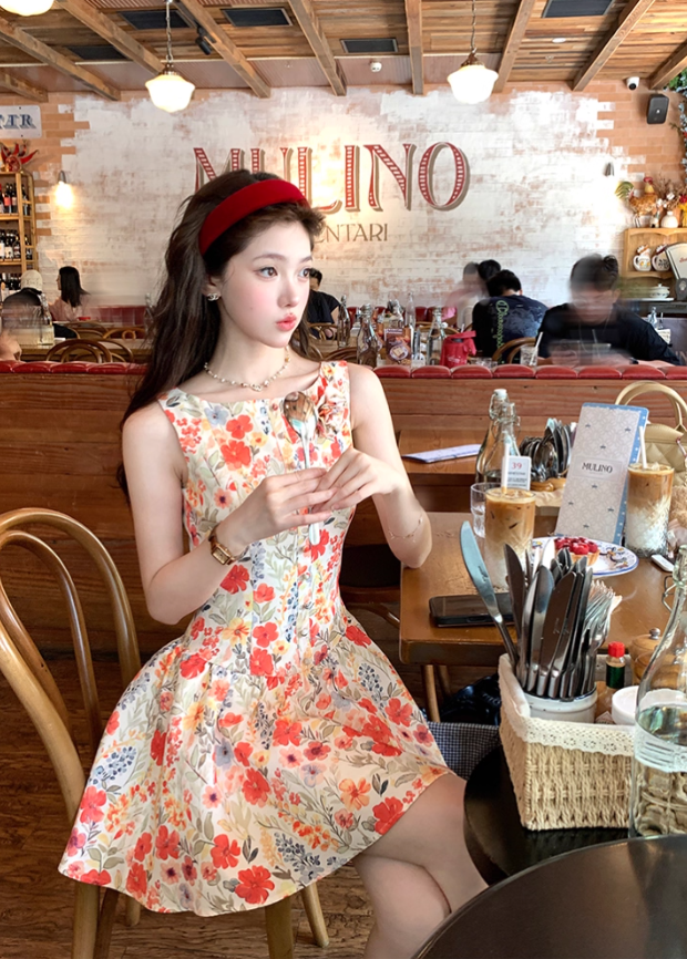 Women's summer French retro printed waist suspender dress R4824