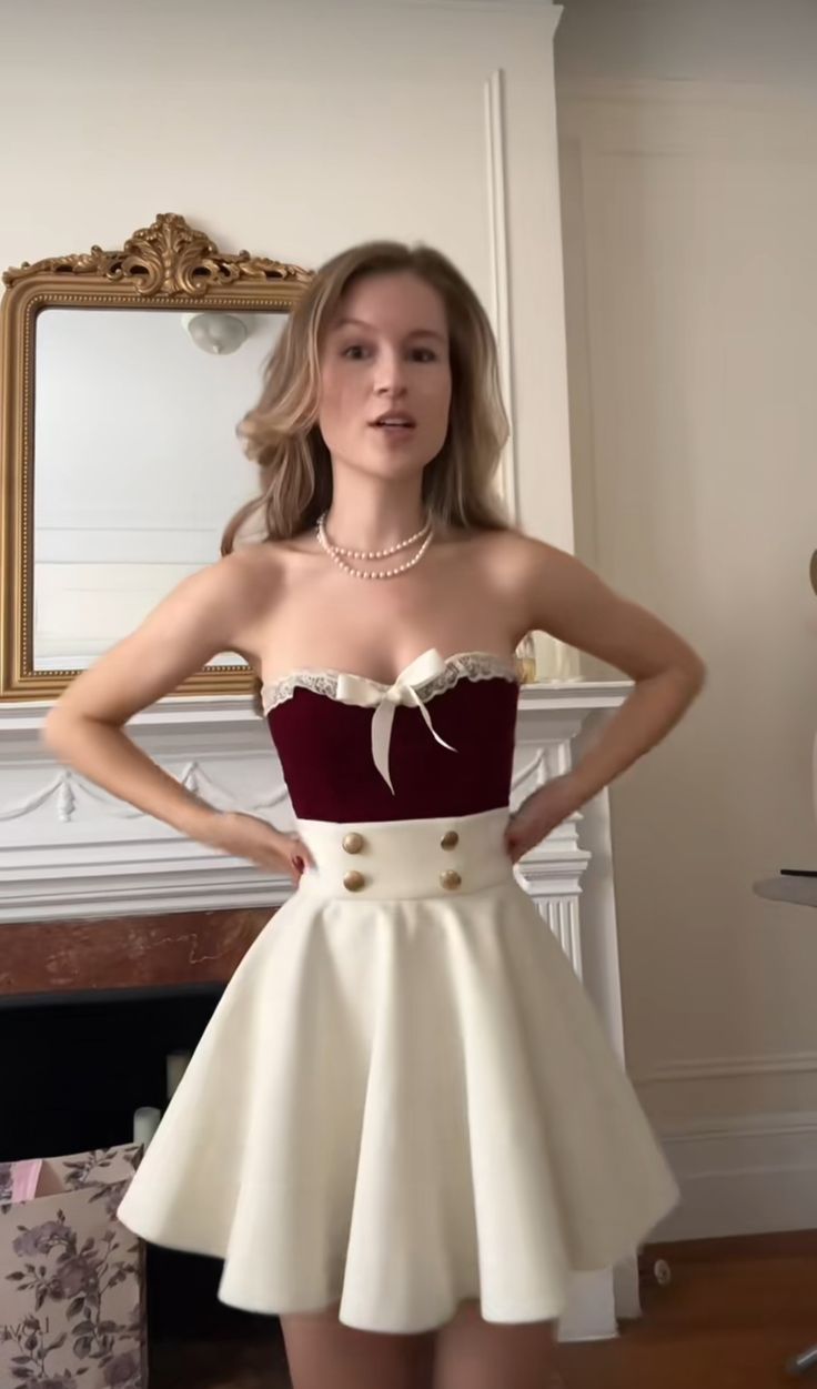 Red and white tube top waist slim short skirt homecoming dress R2797