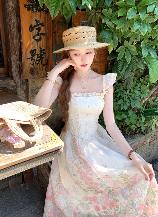 Pink long square neck waist A-line suspender dress women's summer French retro skirt R4740