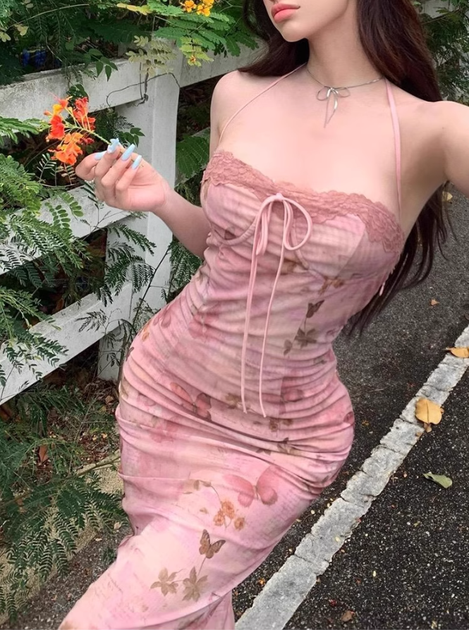 French retro printed tube top dress 2025 pure desire style lace halter neck long dress R1364