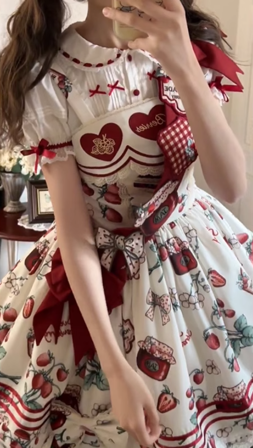 Strawberry Heart Lolita Short Sleeve Dress Cute Lolita Princess Dress Cake Tutu Skirt R1691
