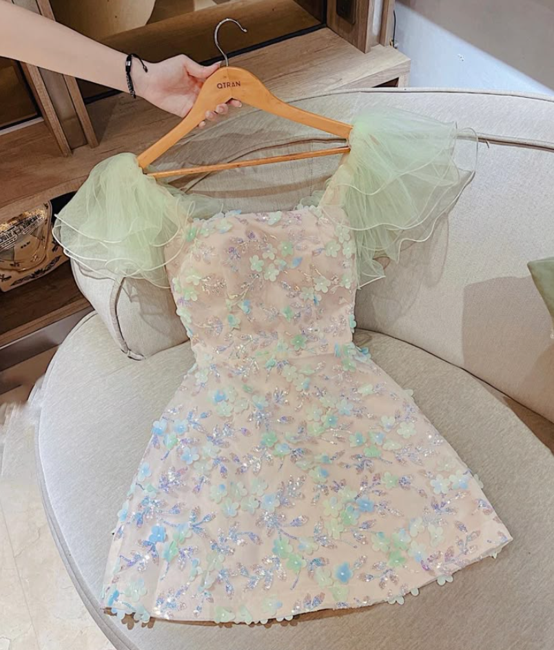 Pink sequined flower waist slimming A-line short skirt homecoming dress R3374