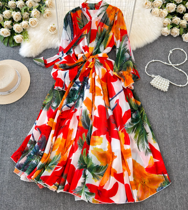 French elegant dress spring dress with bow tie collar slim fit long swing chiffon holiday dress R0351