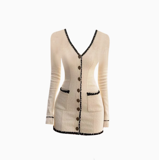 2025 V-neck contrast long-sleeved dress with waist and hip-hugging mini skirt R1091