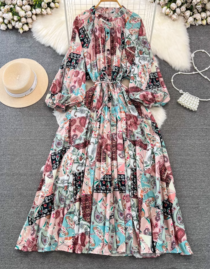 Fashion lantern long sleeve round neck waist a-line print irregular dress elegant long skirt R0404